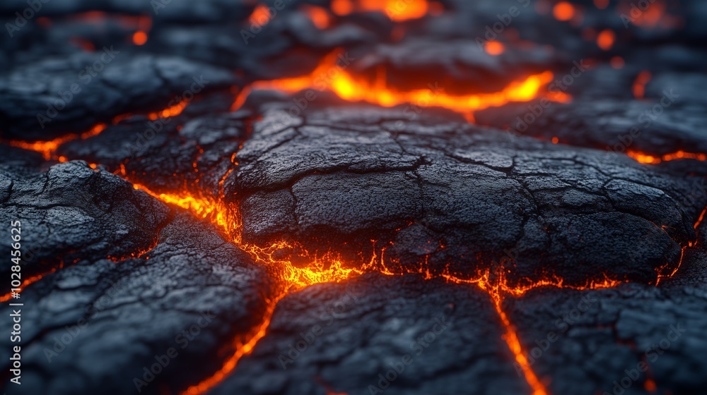 Volcanic lava flowing through cracks on a black rock surface Volcanic lava flowing through cracks on a black rock surface
