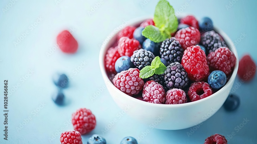 Colorful bowl of mixed berries with mint on a light blue background. Colorful bowl of mixed berries with mint on a light blue background.
