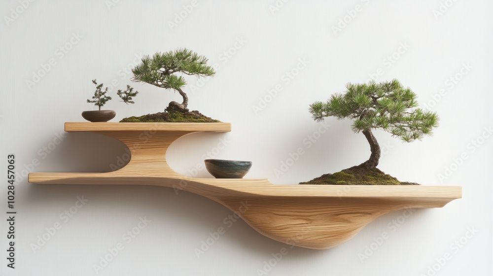 Two Bonsai Trees on a Wooden Shelf Against a White Wall Two Bonsai Trees on a Wooden Shelf Against a White Wall