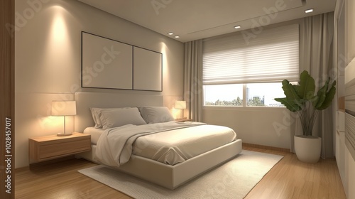 Habitacion moderna minimalista en tonos beige y blancos, con cama blanca, suelo de madera y macetero marron claro con planta. Pared con marco y poster vacio blanco para mostrar productos