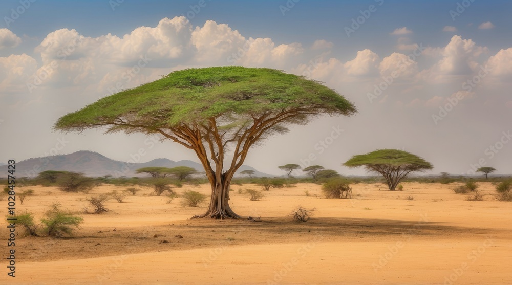 A vast African savanna landscape featuring a prominent acacia tree on the left, A vast African savanna landscape featuring a prominent acacia tree on the left,
