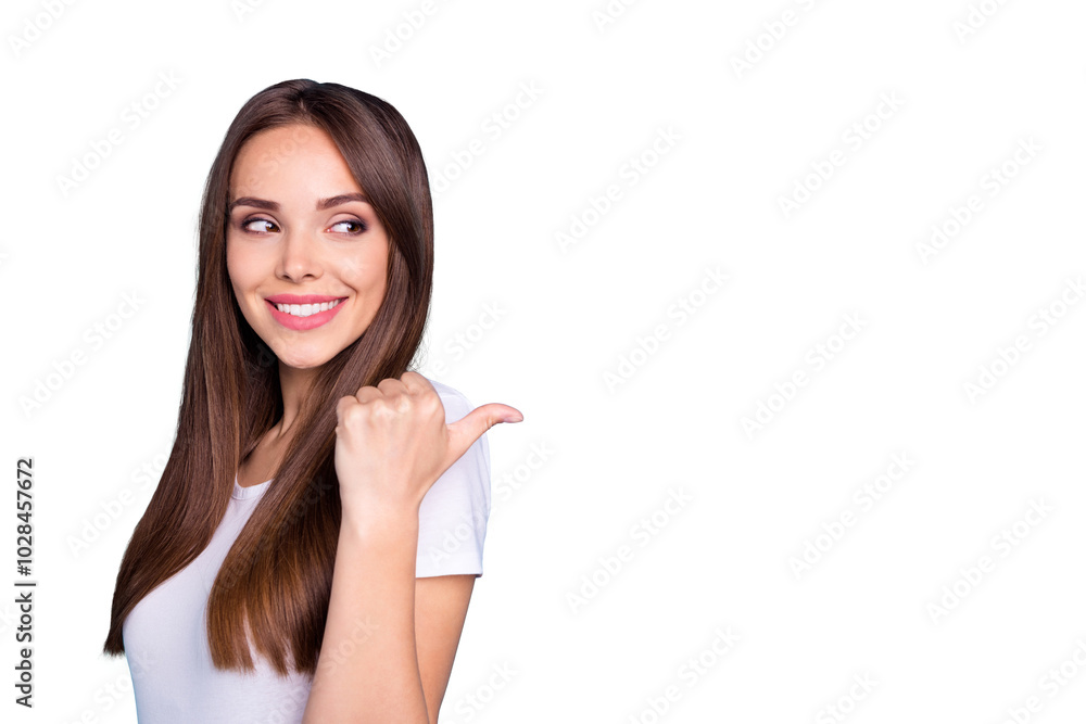 Portrait of lovely person showing ads at copy space sharing her feedback wearing white t-shirt isolated over blue background Portrait of lovely person showing ads at copy space sharing her feedback wearing white t-shirt isolated over blue background