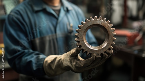 A person holds a metallic gear in a workshop, showcasing industrial craftsmanship.