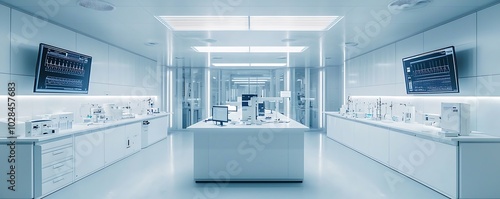 Minimalistic white lab equipped with the latest in scientific research technology.