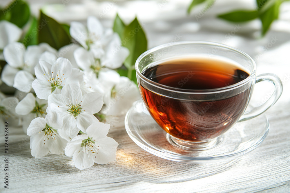 Glass Cup of Black Tea with White Blossoms on Table. Tranquility and Natural Beauty in Minimalist Design Glass Cup of Black Tea with White Blossoms on Table. Tranquility and Natural Beauty in Minimalist Design