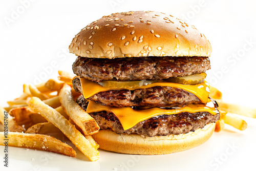 Tasty burger with crispy French fries isolated on white background. Fresh fast food meall photo