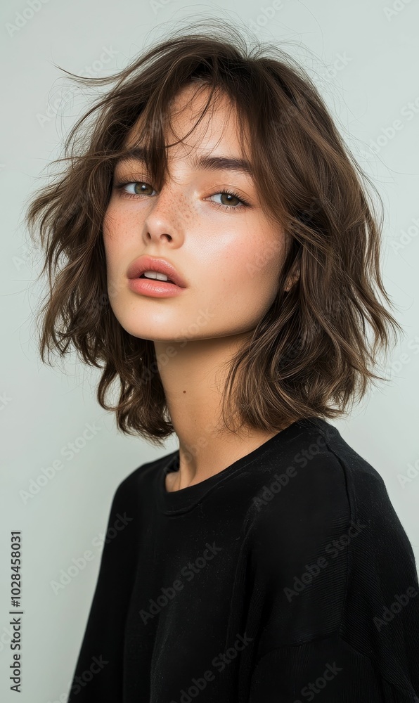 Woman with short brown hair wearing black shirt. Woman with short brown hair wearing black shirt.