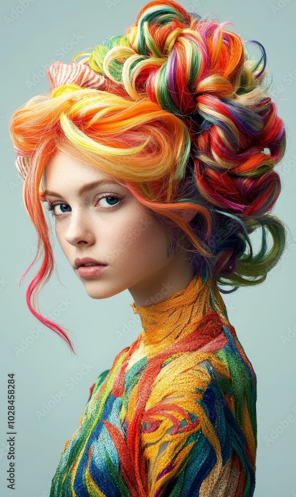Naklejka premium A woman with rainbow hair and patterned clothing.