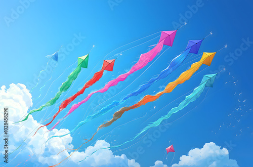 Illustration of orange kites flying against a blue sky and fluffy white clouds, Kite Day with a colorful festive atmosphere