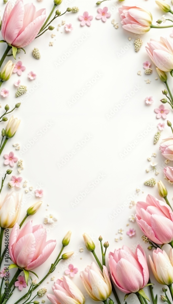 Elegant Easter card design with pink tulips and blossoms framing a blank space Elegant Easter card design with pink tulips and blossoms framing a blank space