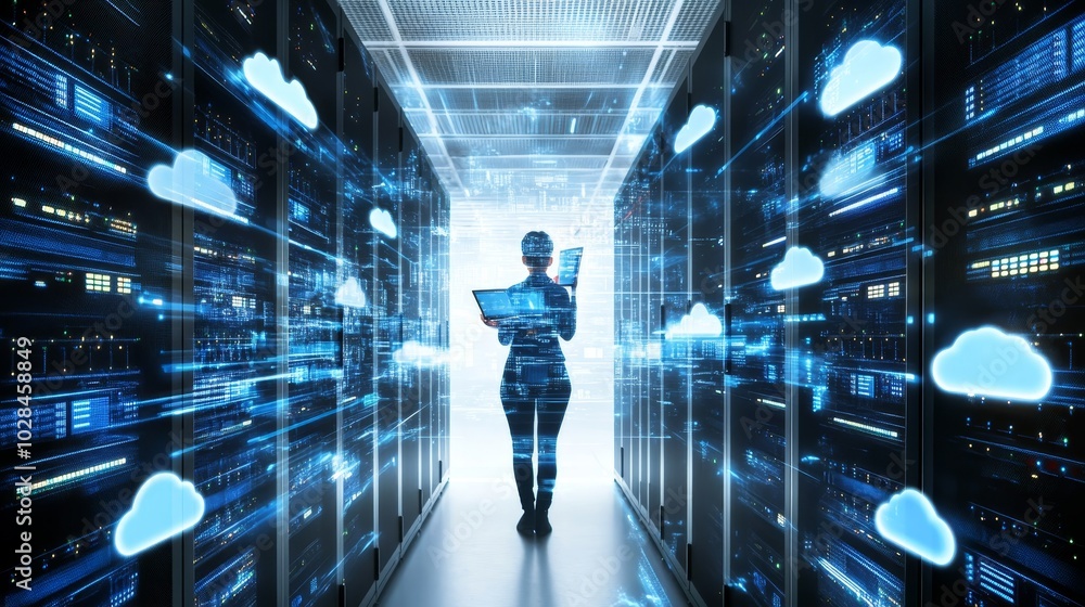 Obraz premium A professional navigating a data center, surrounded by digital cloud technology and server infrastructure, symbolizing innovation.