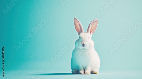 Stock minimalist photography of a happy bunny with closed eyes sitting on a pastel blue background with delicate shadows, creating a gentle and cheerful look