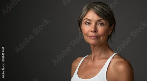 Beautiful older woman in white t-shirt female breast dark background Breast cancer support, prevention, mammography, screening, oncology, cancer treatment