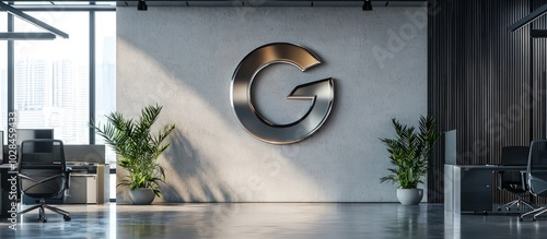 Fototapeta Naklejka Na Ścianę i Meble -  3D glossy metallic logo mockup on office wall for corporate branding