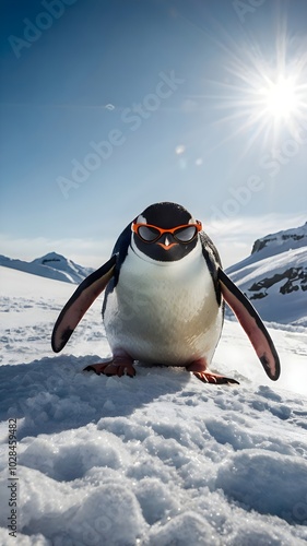 A penguin sliding down a snowy hill while wearing sunglasses, Generative AI