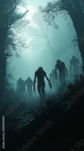 Shadowy creatures emerging from misty forest at night