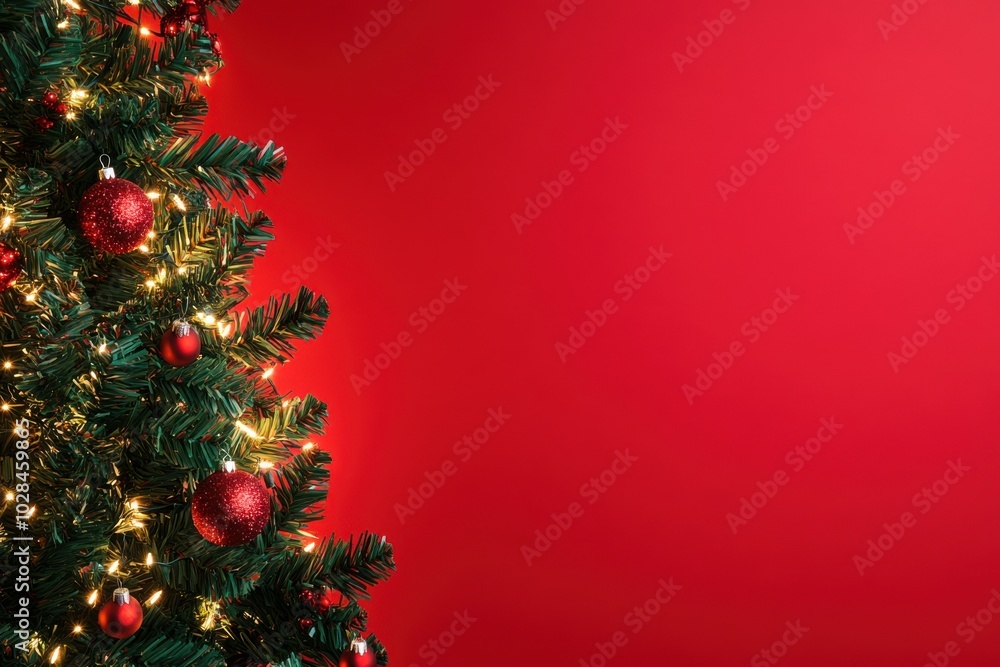 Christmas tree with decorations and sparkling fairy lights, with solid red background, copy space, Merry Christmas background, holiday decor ad, festive showcase. Christmas tree with decorations and sparkling fairy lights, with solid red background, copy space, Merry Christmas background, holiday decor ad, festive showcase.