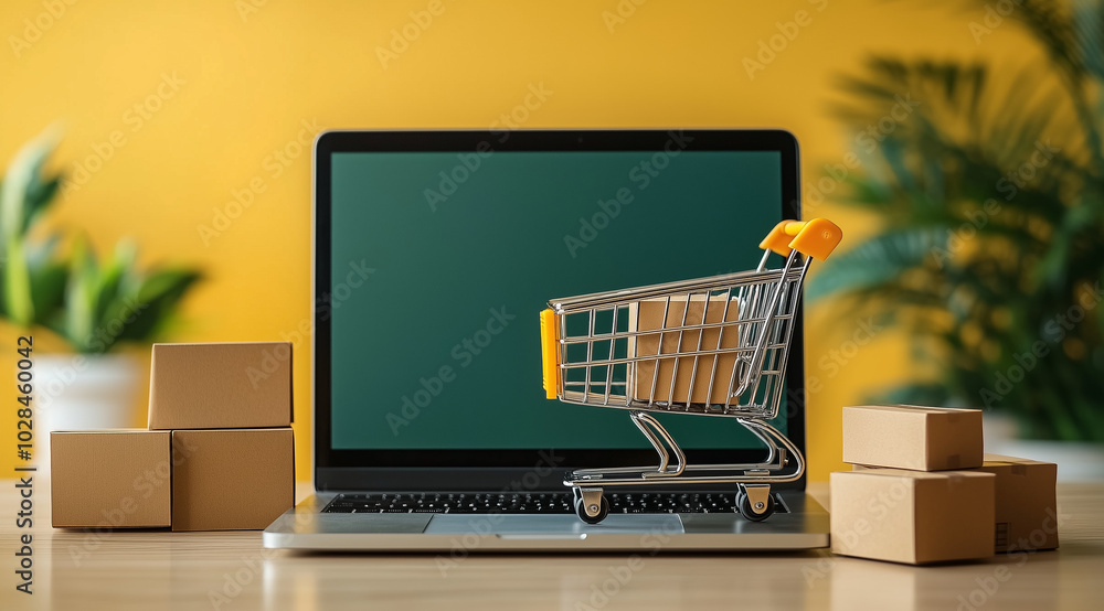 Shopping cart figurine with cardboard box on laptop on wooden table on yellow background with space for text, created with Generative AI technology Shopping cart figurine with cardboard box on laptop on wooden table on yellow background with space for text, created with Generative AI technology