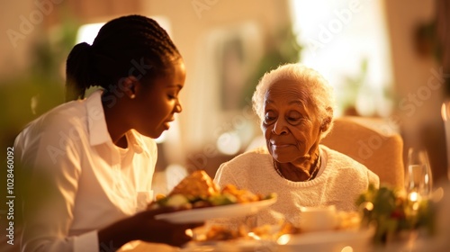 Young Black woman assisting an elderly female patient during dinner at a nursing home. Warm background with ample copy space.