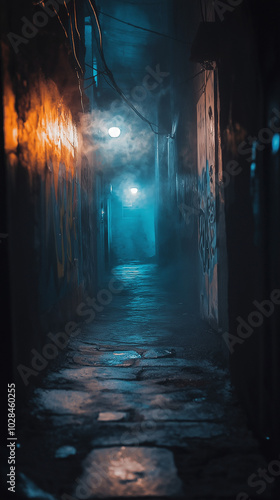 Dark narrow alleyway illuminated by eerie blue light at night