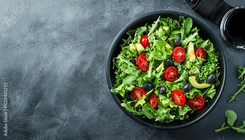 Fresh salad with greens, cherry tomatoes, and dressing in a bowl on dark background.