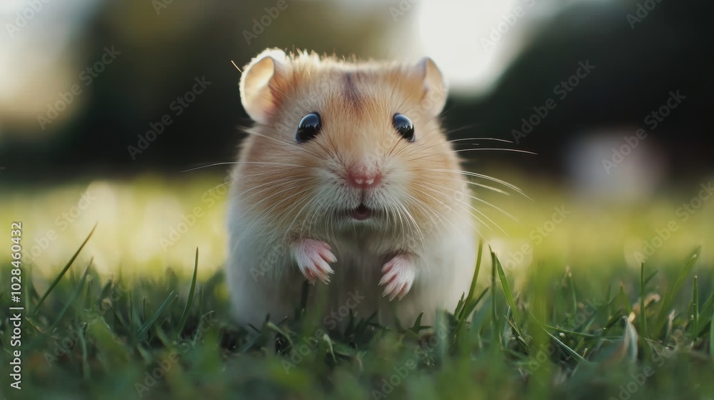 cute hamster with big eyes standing on grass, natural lighting, blurred background, cute hamster with big eyes standing on grass, natural lighting, blurred background,