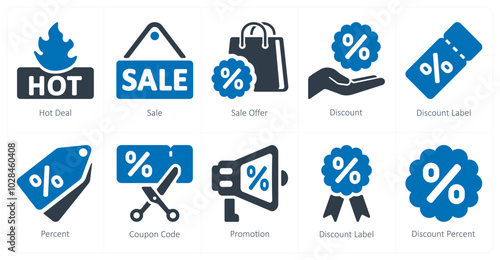 A set of 10 ecommerce icons as hot deal, sale, sale offer