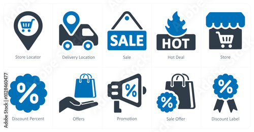 A set of 10 ecommerce icons as store locator, delivery location, sale