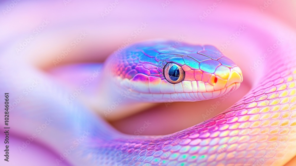 Fototapeta premium Close-up of a snake with iridescent rainbow-colored scales, illuminated gently with pastel lighting. Simple, blurred background.