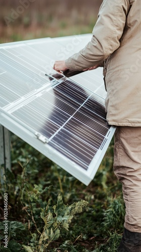 A technician inspecting a solar panel in a green field, demonstrating renewable energy technology and sustainability practices. photo