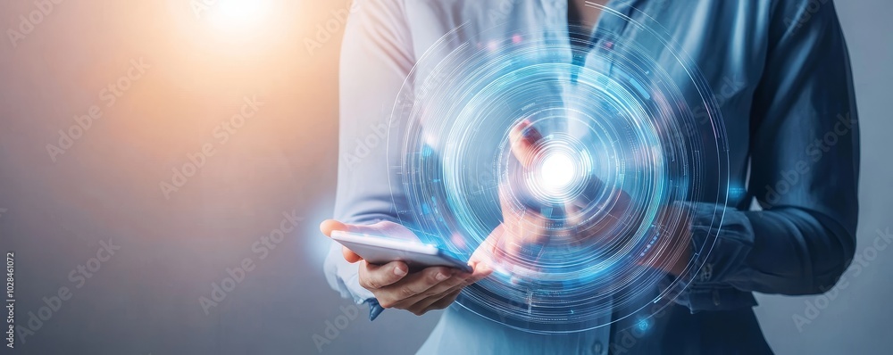 A person interacts with a smartphone, showcasing futuristic technology and digital elements in a modern setting. A person interacts with a smartphone, showcasing futuristic technology and digital elements in a modern setting.