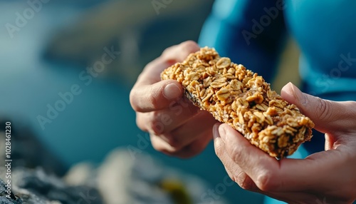 Healthy granola bar held by a person against a natural landscape backdrop.