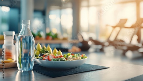 Healthy meal with salad and water on a table in a bright environment.