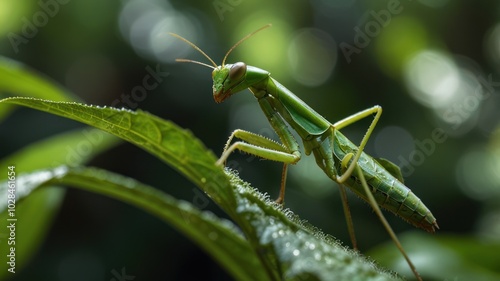 A green praying mantis perched on a leaf, with a blurred background of green foliage.