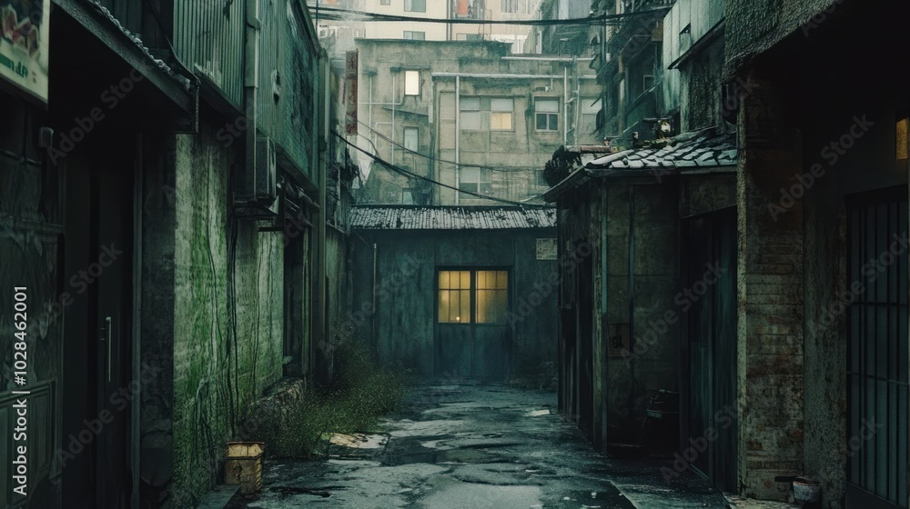 A Narrow Alleyway Between Old, Weathered Buildings with a Glowing Window A Narrow Alleyway Between Old, Weathered Buildings with a Glowing Window