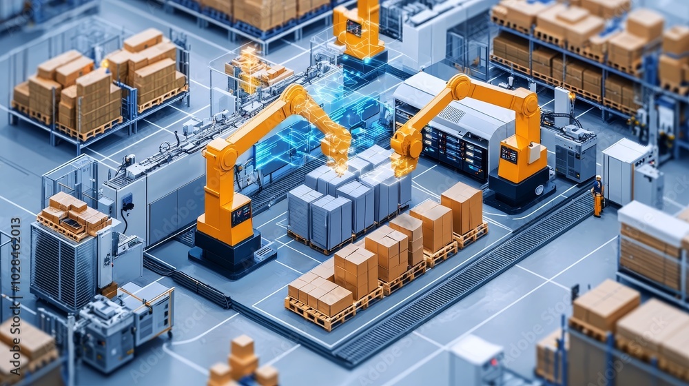 Obraz premium A busy warehouse implementing process improvements, with streamlined workflows and workers using advanced technology to increase performance and reduce costs.