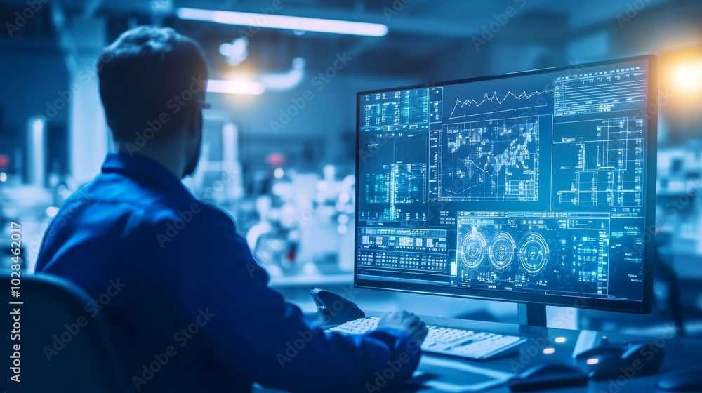 Focused individual analyzing data on a large screen in a modern workspace with dynamic graphs and visuals. Focused individual analyzing data on a large screen in a modern workspace with dynamic graphs and visuals.