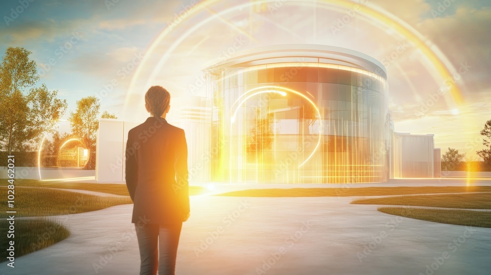 A person stands in contemplation, gazing at a futuristic building illuminated by golden sunlight, symbolizing innovation and possibility. A person stands in contemplation, gazing at a futuristic building illuminated by golden sunlight, symbolizing innovation and possibility.