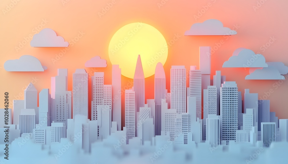 Minimalistic 3D paper background of a city skyline at sunset with simple geometric buildings Minimalistic 3D paper background of a city skyline at sunset with simple geometric buildings