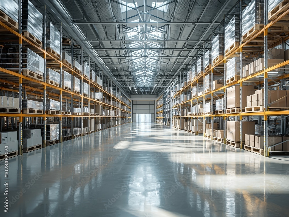 A clean, bright warehouse floor with a minimalistic design, focusing on optimized space usage with flexible storage solutions and clear pathways. A clean, bright warehouse floor with a minimalistic design, focusing on optimized space usage with flexible storage solutions and clear pathways.