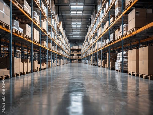 A clean, bright warehouse floor with a minimalistic design, focusing on optimized space usage with flexible storage solutions and clear pathways.