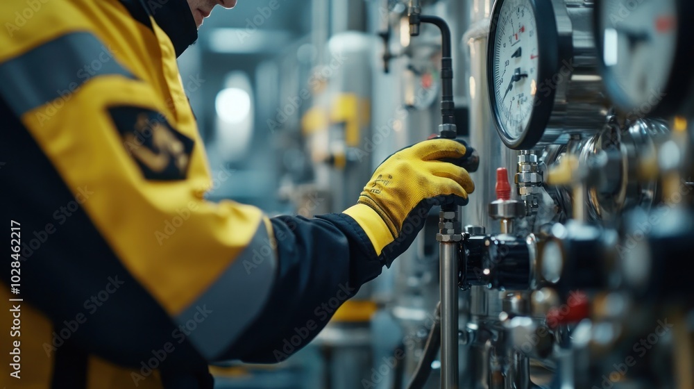 A worker in a yellow jacket adjusts machinery in an industrial setting. A worker in a yellow jacket adjusts machinery in an industrial setting.