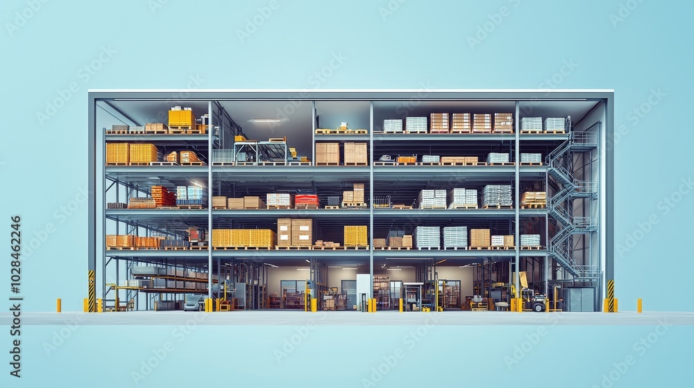 A flat design of a warehouse with multi-level storage, showcasing how vertical space is utilized for stacking goods and efficient infrastructure management. A flat design of a warehouse with multi-level storage, showcasing how vertical space is utilized for stacking goods and efficient infrastructure management.