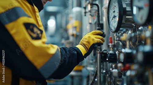 A worker in a yellow jacket adjusts machinery in an industrial setting.