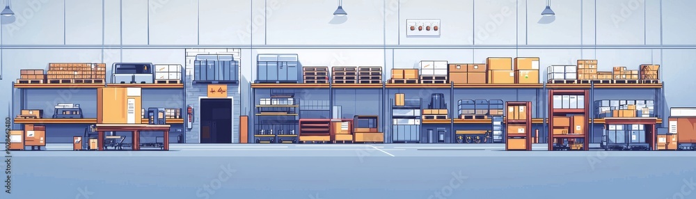 A flat illustration of a flexible warehouse layout, highlighting movable racks, modular shelving, and infrastructure designs that maximize space. A flat illustration of a flexible warehouse layout, highlighting movable racks, modular shelving, and infrastructure designs that maximize space.