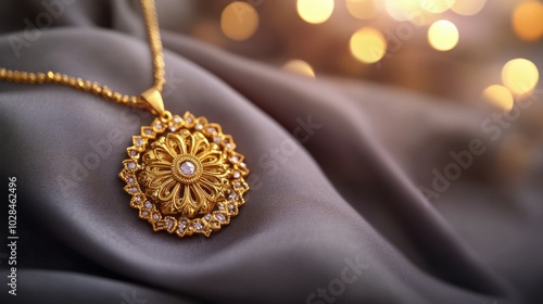 Elegant gold pendant necklace on a muted gray silk fabric, with a gray-to-silver gradient background and subtle festive glow, Copy space, happy Diwali background, traditional, Indian festival