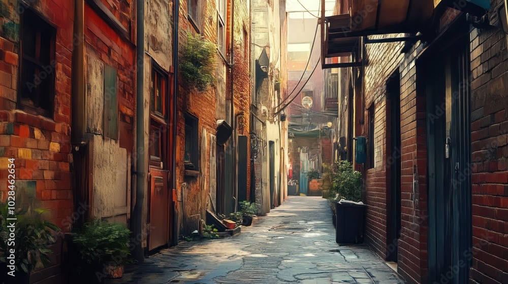 Narrow Brick Alleyway with Sunlit Stone Pavement Narrow Brick Alleyway with Sunlit Stone Pavement