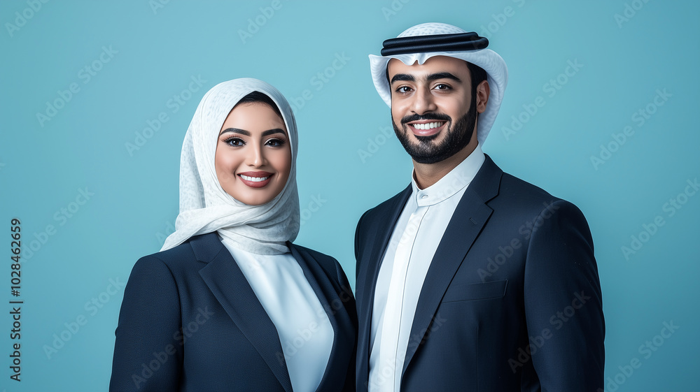 Confident Arabian Couple in Business Wear, Side by Side. Confident Arabian Couple in Business Wear, Side by Side.