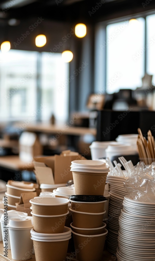 Stacked disposable cups and plates in a cafe. Stacked disposable cups and plates in a cafe.