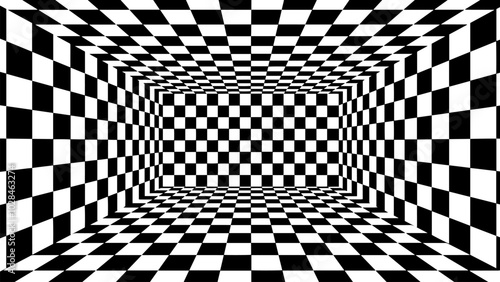 3D chess board textured room. Abstract perspective tunnel. Vector illustration.	
